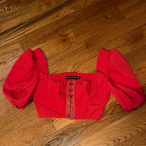 PrettyLittleThing Red Puff Sleeve Corset-Style Crop Top